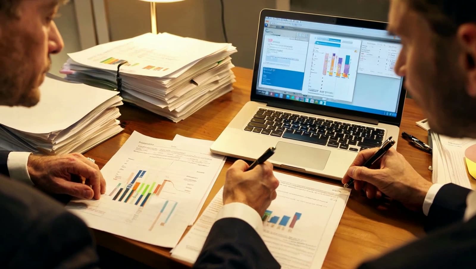Lectura profesional del negocio: dos personas analizando reportes con gráficos y una laptop